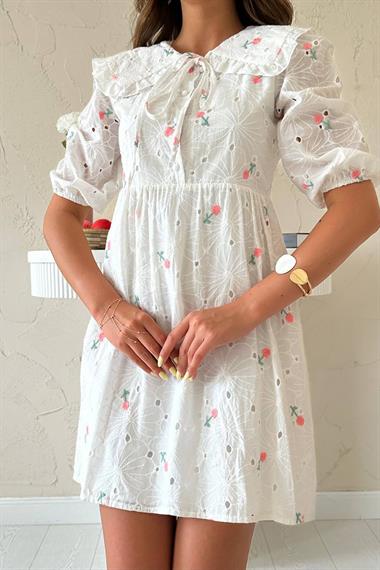 Toptan Pembe Bebe Yakalı Brode Elbise