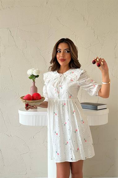 Toptan Pembe Bebe Yakalı Brode Elbise