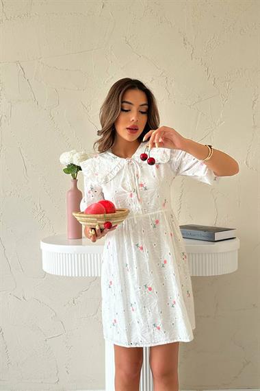 Toptan Pembe Bebe Yakalı Brode Elbise