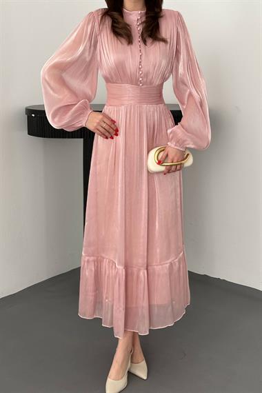 Toptan Pembe Bel Büzgülü Elbise