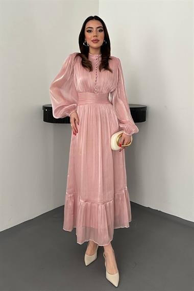 Toptan Pembe Bel Büzgülü Elbise