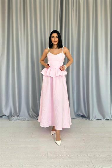 Toptan Pembe Beli Büzgülü İnci Askılı Uzun Elbise