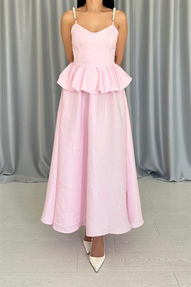Toptan Pembe Beli Büzgülü İnci Askılı Uzun Elbise