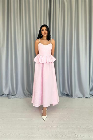 Toptan Pembe Beli Büzgülü İnci Askılı Uzun Elbise
