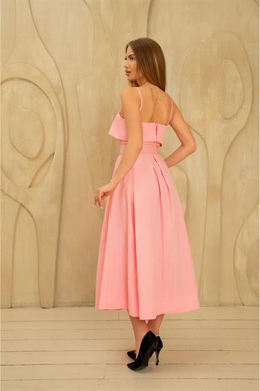 Toptan Pembe Beli Kemerli Pileli Elbise