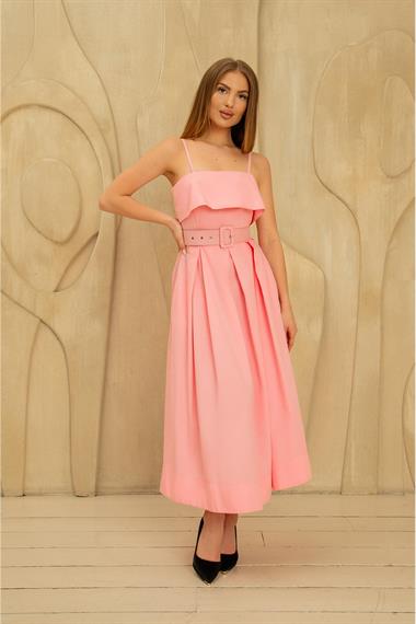 Toptan Pembe Beli Kemerli Pileli Elbise