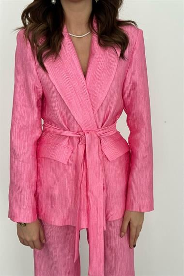 Toptan Pembe Beli Kuşaklı Ceket ve Pantolon Parlak Takım
