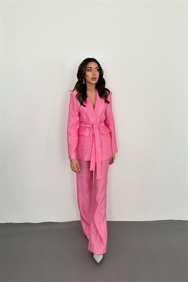 Toptan Pembe Beli Kuşaklı Ceket ve Pantolon Parlak Takım