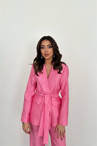 Toptan Pembe Beli Kuşaklı Ceket ve Pantolon Parlak Takım