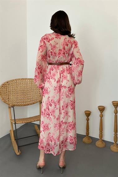 Toptan Pembe Biye Detaylı Elbise