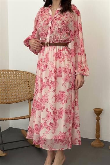 Toptan Pembe Biye Detaylı Elbise