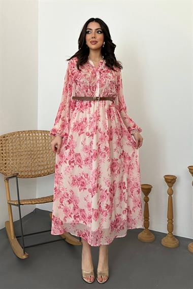 Toptan Pembe Biye Detaylı Elbise