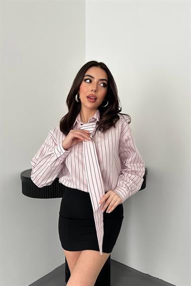 Toptan Pembe Boyundan Bağlamalı Çizgili Gömlek