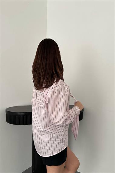Toptan Pembe Boyundan Bağlamalı Çizgili Gömlek