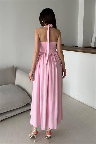 Toptan Pembe Boyundan Bağlamalı Keten Elbise