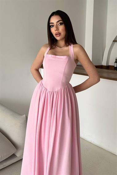 Toptan Pembe Boyundan Bağlamalı Keten Elbise