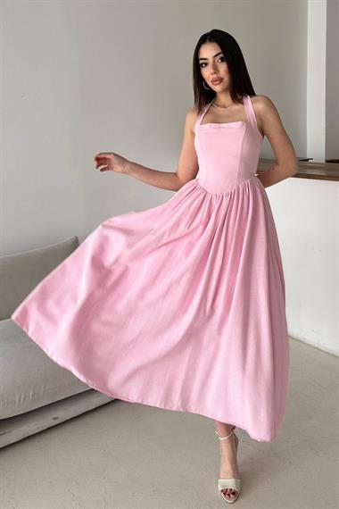 Toptan Pembe Boyundan Bağlamalı Keten Elbise