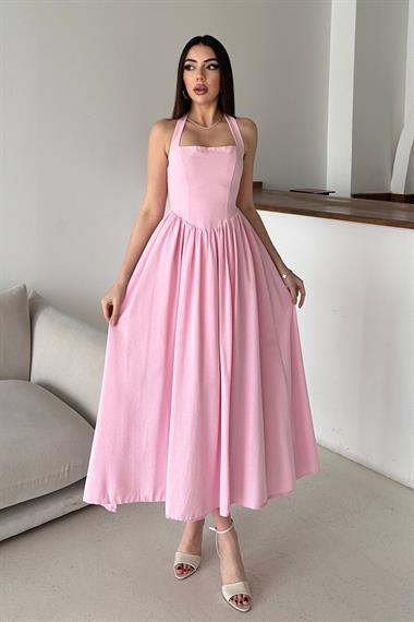 Toptan Pembe Boyundan Bağlamalı Keten Elbise