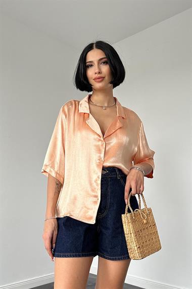 Toptan Pembe Ceket Yaka Floş Yaka Saten Gömlek