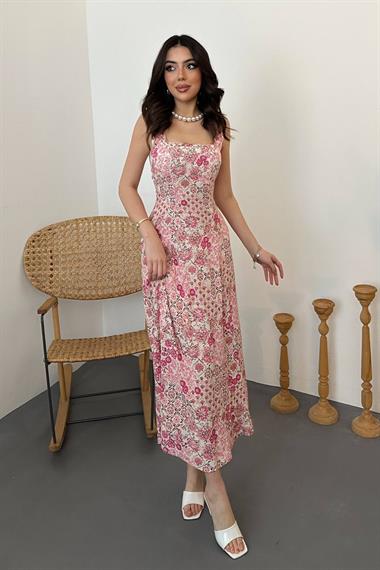 Toptan Pembe Çiçekli Viskon Elbise