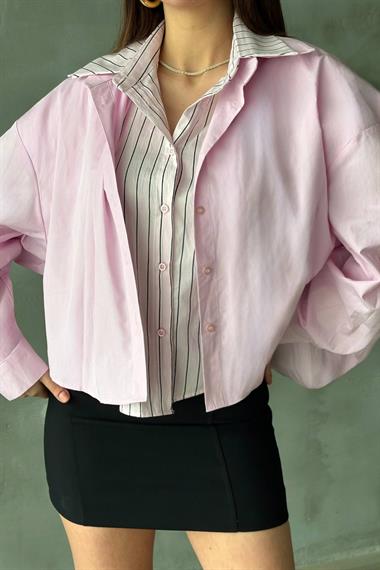Toptan Pembe Çizgi Garnili Oversıze Gömlek