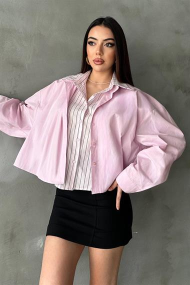 Toptan Pembe Çizgi Garnili Oversıze Gömlek