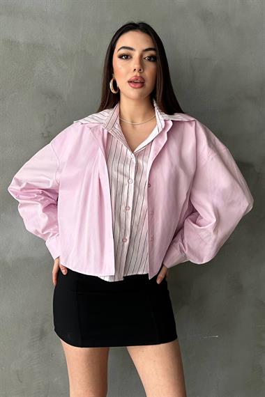 Toptan Pembe Çizgi Garnili Oversıze Gömlek