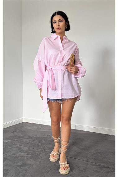 Toptan Pembe Çizgili Poplin Kuşaklı Gömlek