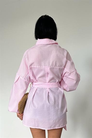 Toptan Pembe Çizgili Poplin Kuşaklı Gömlek