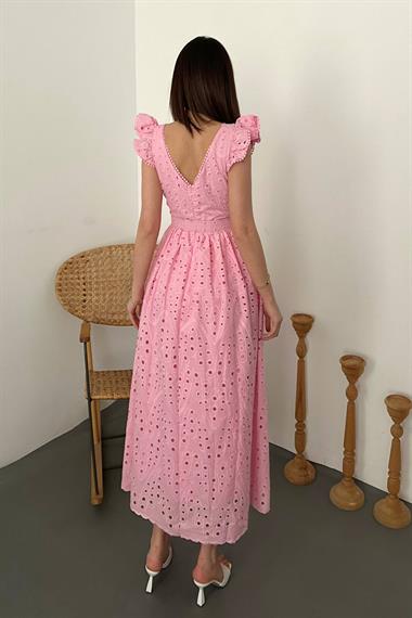 Toptan Pembe Dantelli Brode Elbise