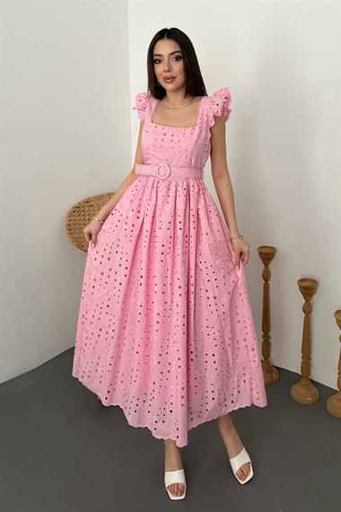 Toptan Pembe Dantelli Brode Elbise