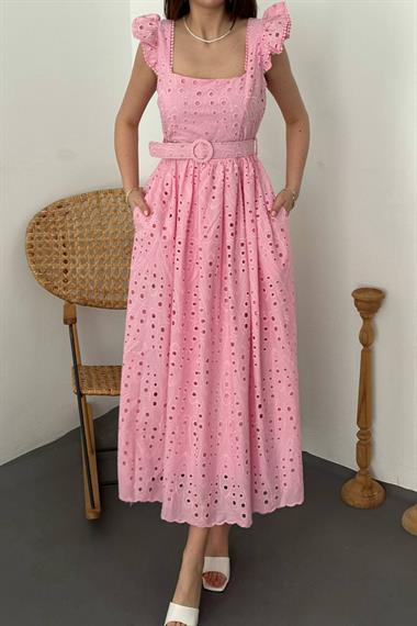 Toptan Pembe Dantelli Brode Elbise