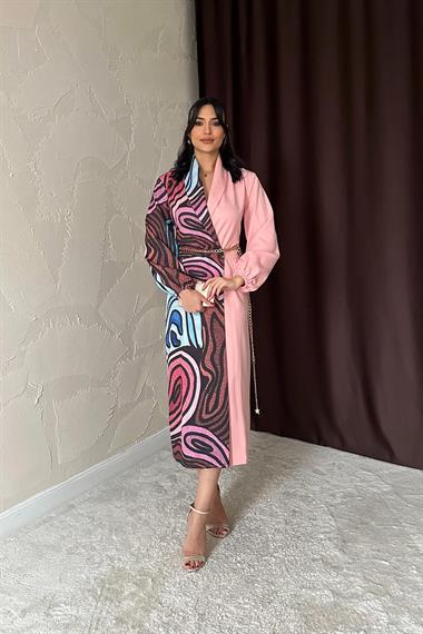 Toptan Pembe Dijital Garnili Atlas Elbise