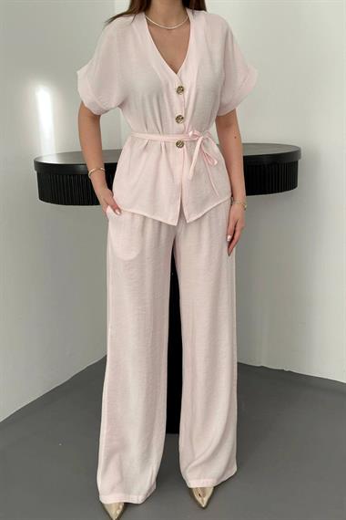 Toptan Pembe Düğme Detaylı İkili Modal Takım