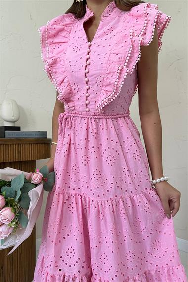 Toptan Pembe Fırfırlı Düğmeli Elbise