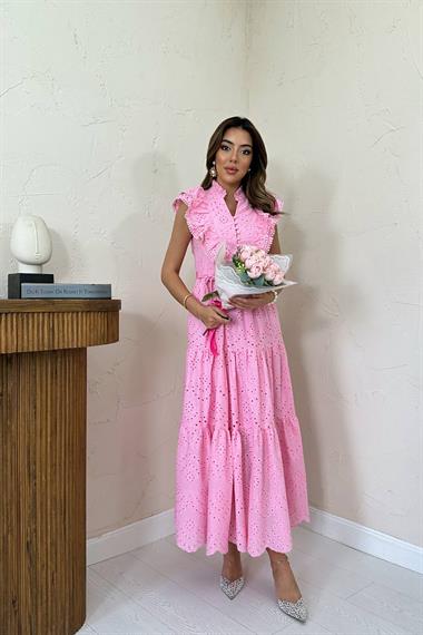 Toptan Pembe Fırfırlı Düğmeli Elbise