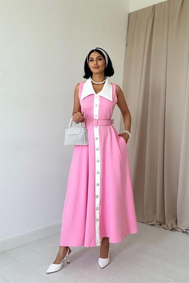 Toptan Pembe Geniş Yakalı Halter Kollu Elbise