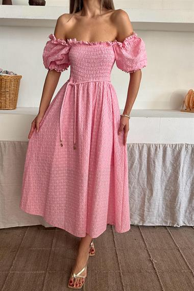 Toptan Pembe Gipeli Brode Elbise