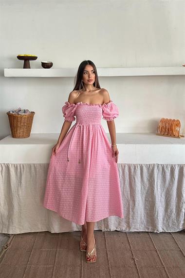 Toptan Pembe Gipeli Brode Elbise