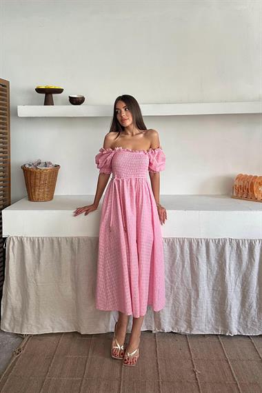 Toptan Pembe Gipeli Brode Elbise