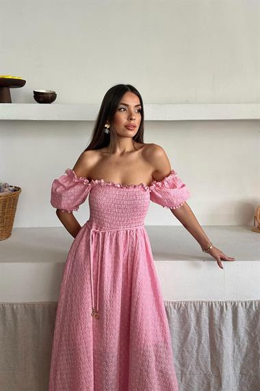 Toptan Pembe Gipeli Brode Elbise