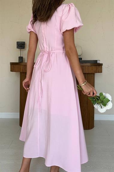 Toptan Pembe Göğüs Büzgülü Elbise