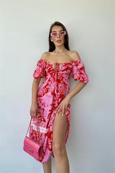 Toptan Pembe Göğüsten Bağlamalı Elbise