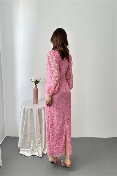 Toptan Pembe Güpür Detaylı Dantel Elbise