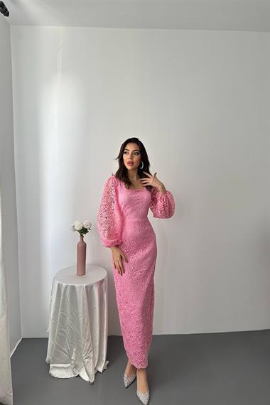 Toptan Pembe Güpür Detaylı Dantel Elbise