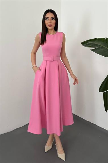 Toptan Pembe Halter Yaka Kloş Elbise