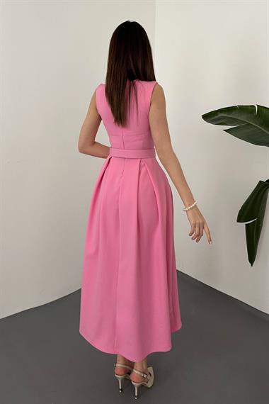Toptan Pembe Halter Yaka Kloş Elbise
