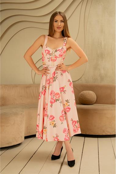 Toptan Pembe İnce Kemer Detaylı Elbise