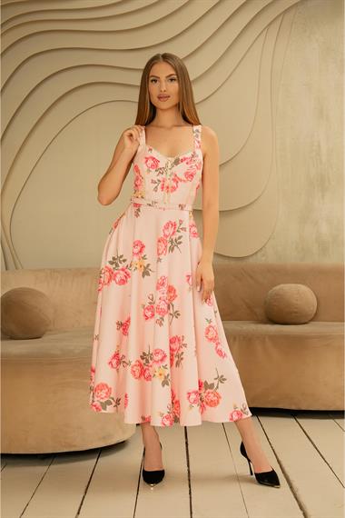 Toptan Pembe İnce Kemer Detaylı Elbise