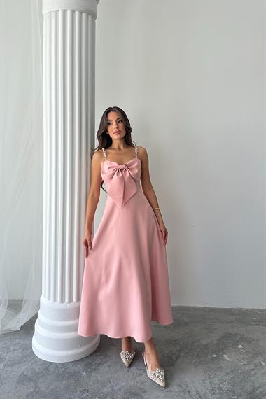 Toptan Pembe İnci Askı Detaylı Elbise